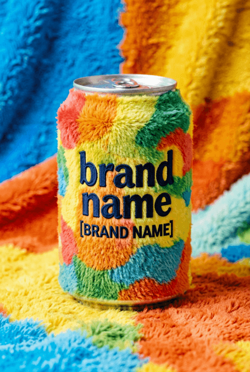 Colorful fuzzy product can with bilingual brand typography