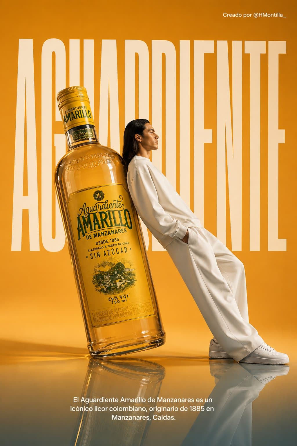 Surrealist high-fashion liquor brand poster with oversized bottle