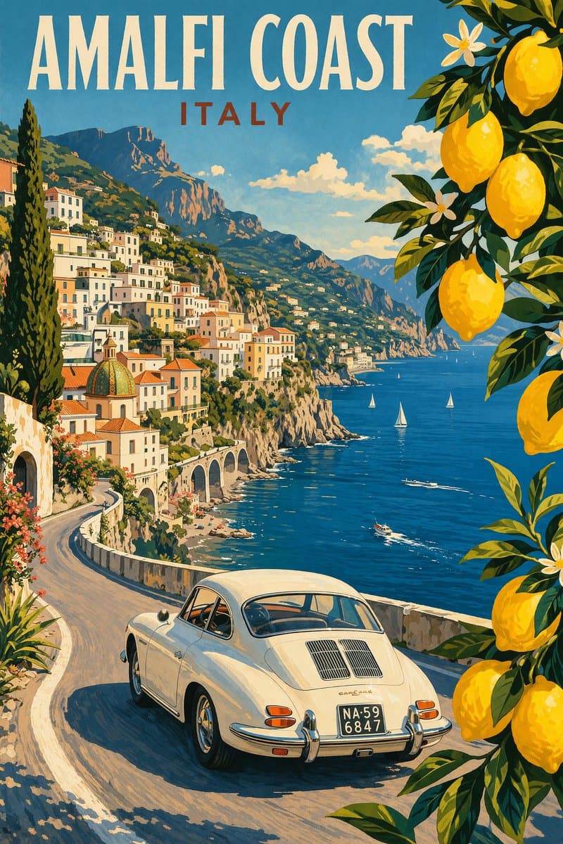 Vintage Amalfi Coast Italy travel poster illustration
