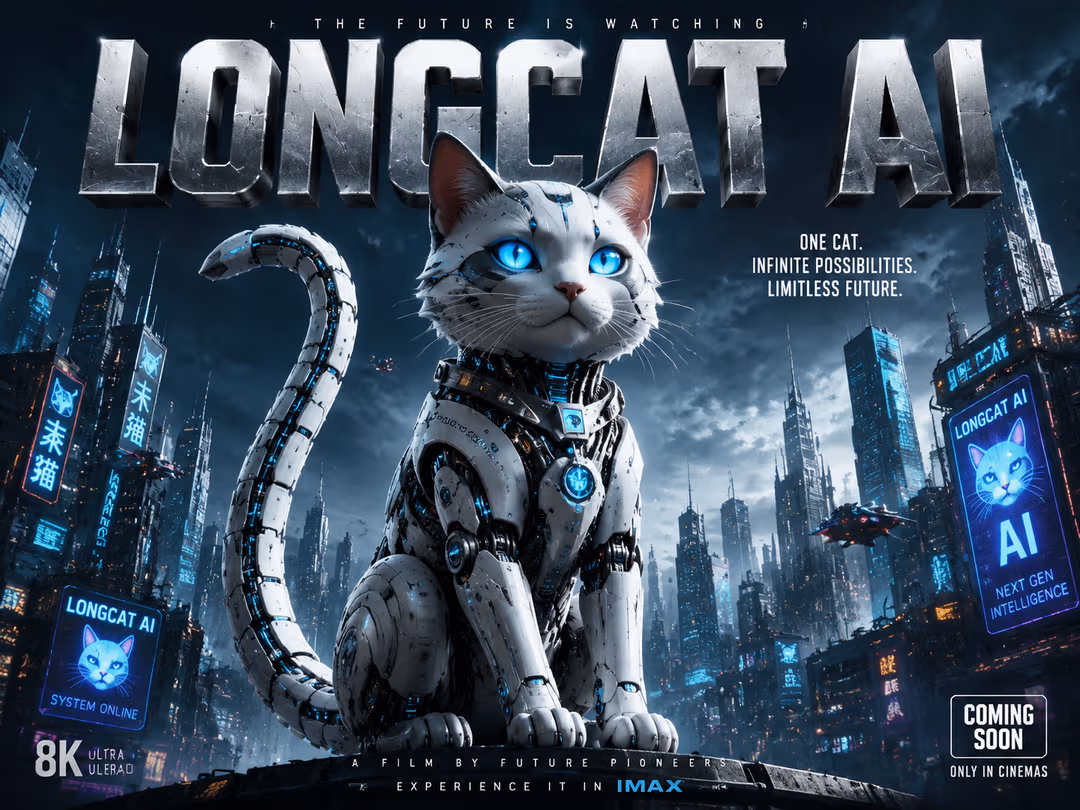 Futuristic robot cat movie poster with LongCat AI title