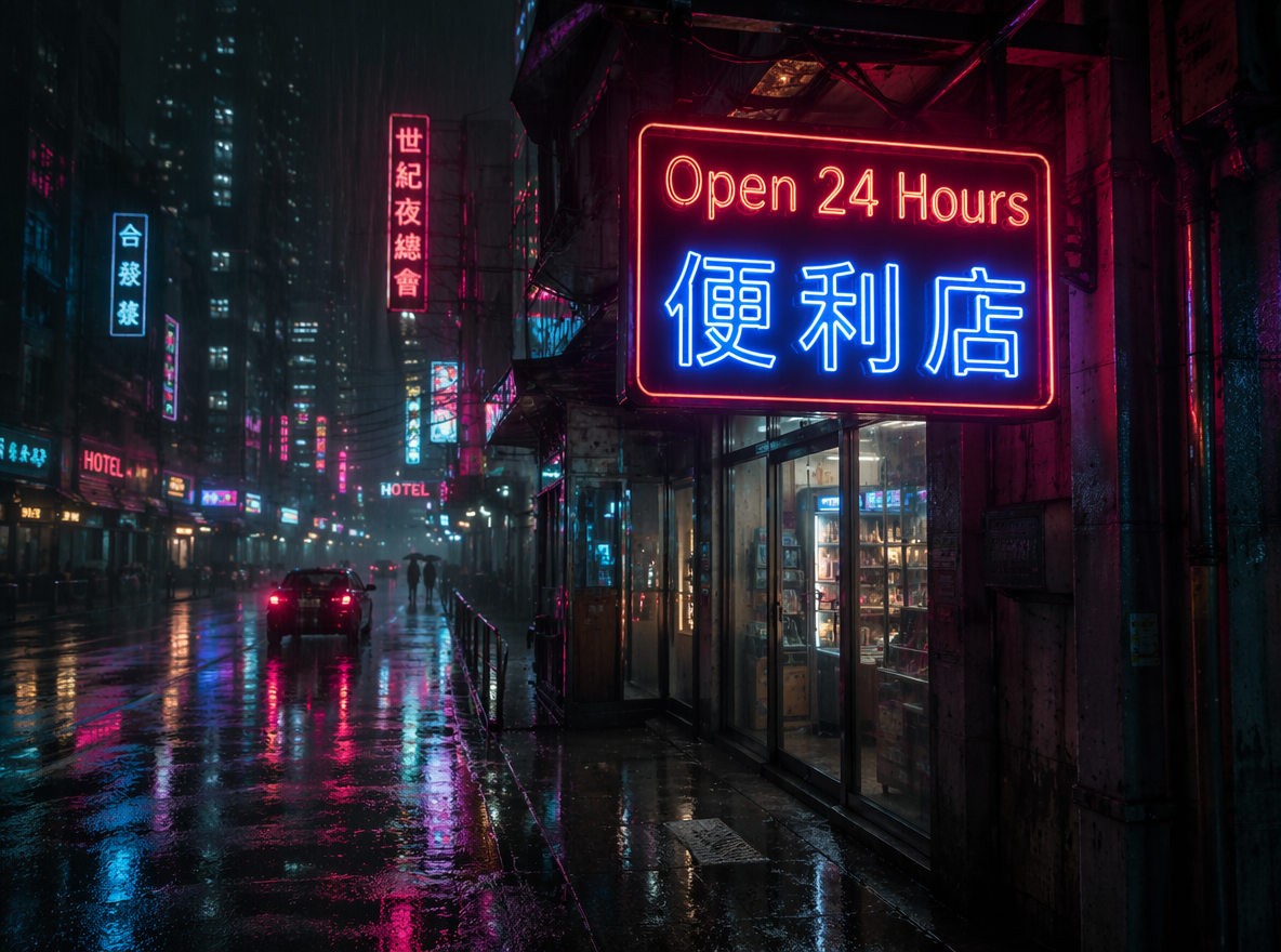 Cyberpunk street with English and Chinese neon signs