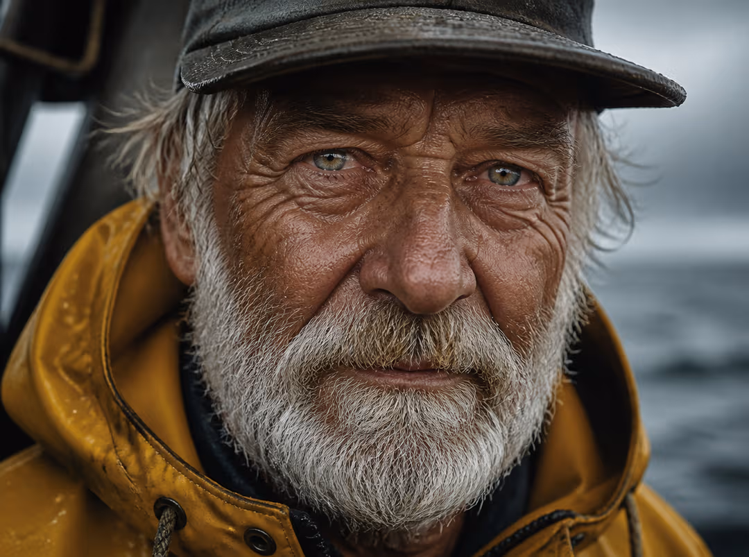Hyper-realistic portrait of an elderly fisherman