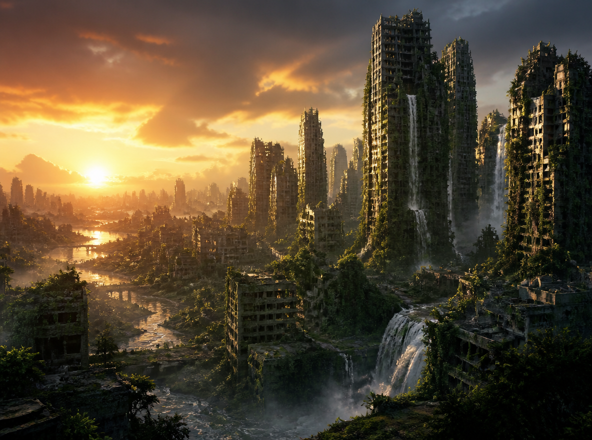 Concept art of nature reclaiming a ruined city